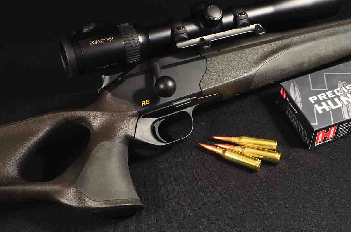 A Blaser R8 Ultimate 6.5 PRC, with a Swarovski Z6i 2.5-15x 44mm P HD scope. Hornady’s 143-grain ELD-X hunting ammunition delivered the second-best five-shot group (.800 inch) of the bunch, edged out only by Hornady Match ELD. In a hunting rifle? Not bad at all.